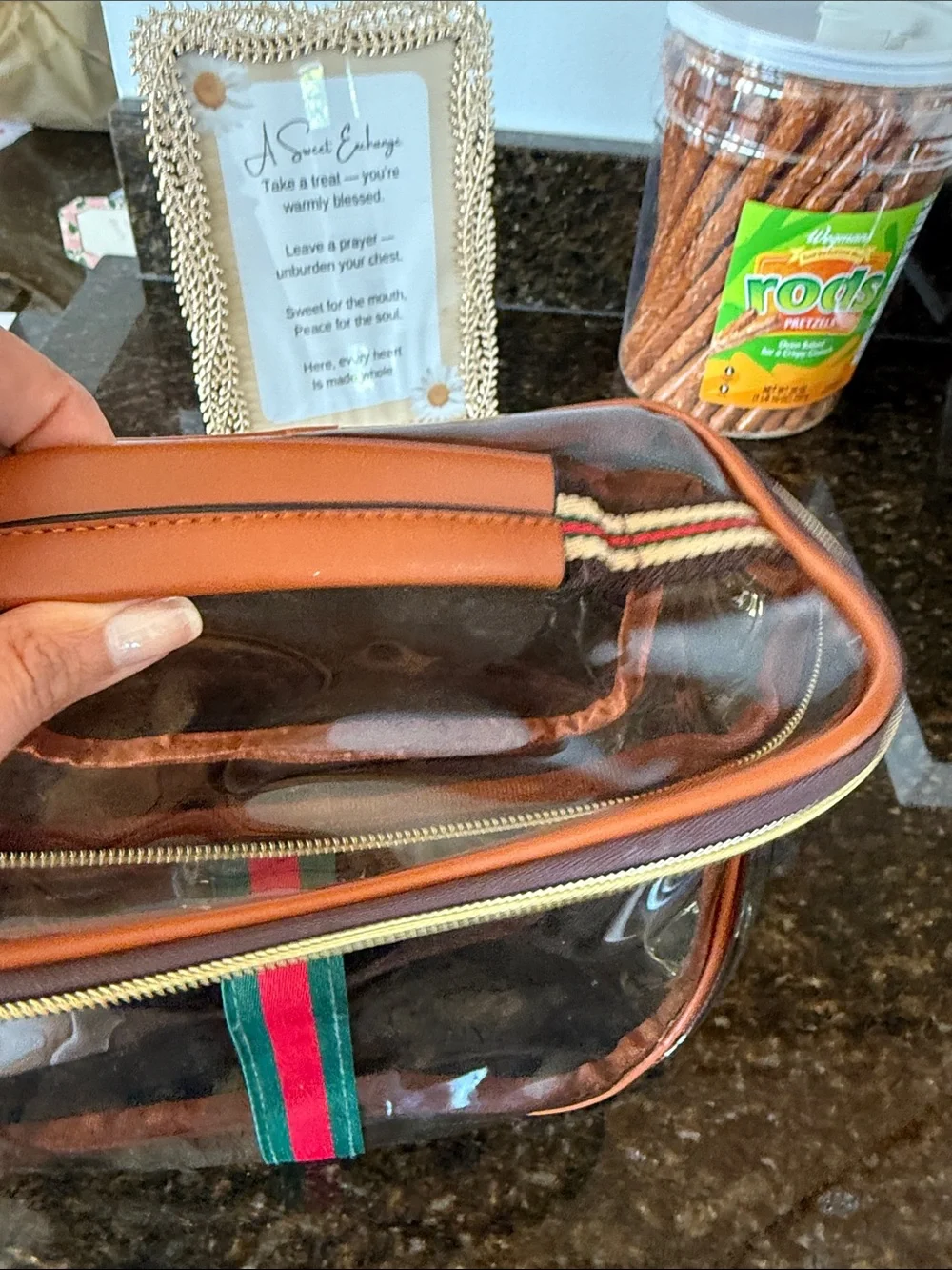 Clear PVC Cosmetic Case with Brown Trim and Green-Red Stripe